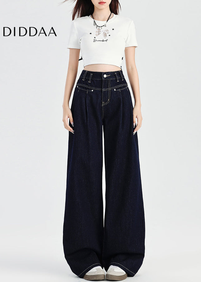 Retro Dark Blue High-Waisted Wide-Leg Jeans Women - Women’s Jeans