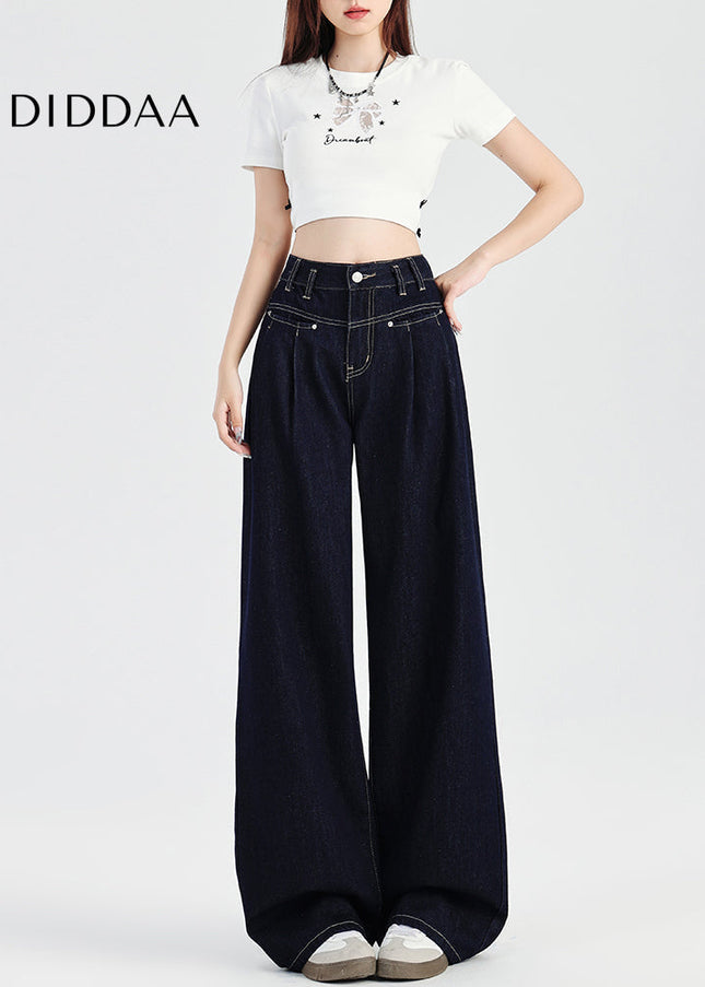 Retro Dark Blue High-Waisted Wide-Leg Jeans Women - Women’s Jeans