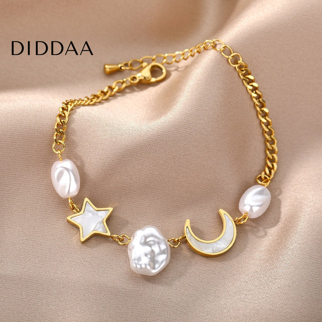 Revendra Bracelet | Gold Moon & Stars Pearl Bracelet - Gold - Bracelets