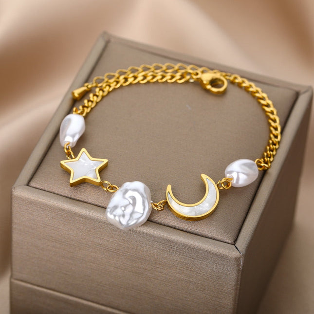 Revendra Bracelet | Gold Moon & Stars Pearl Bracelet - Gold - Bracelets