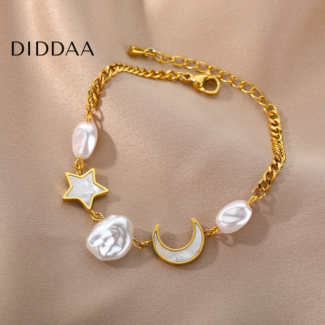 Revendra Bracelet | Gold Moon & Stars Pearl Bracelet - Gold - Bracelets