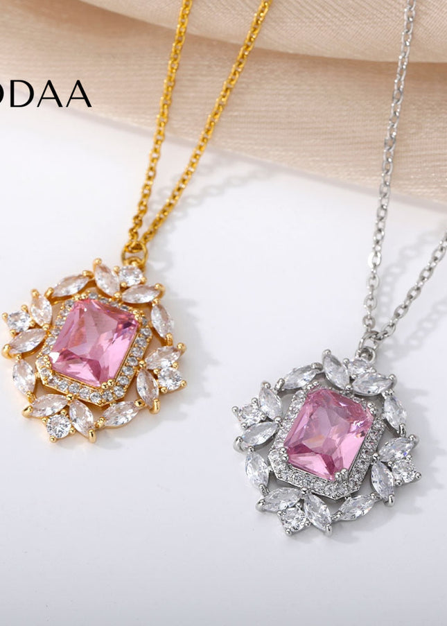Rhinestone Pendant Necklace | Gold Pink Stone Zirconia Luxury Chain - Pink / Gold - Necklaces
