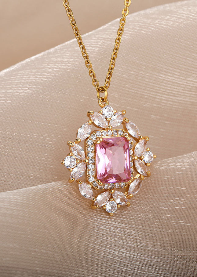 Rhinestone Pendant Necklace | Gold Pink Stone Zirconia Luxury Chain - Necklaces