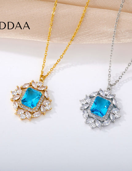 Rhinestone Pendant Necklace | Gold Pink Stone Zirconia Luxury Chain - Blue / Gold - Necklaces