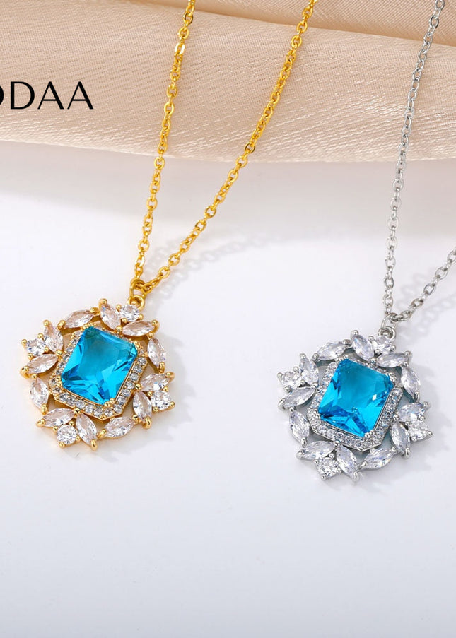 Rhinestone Pendant Necklace | Gold Pink Stone Zirconia Luxury Chain - Blue / Gold - Necklaces