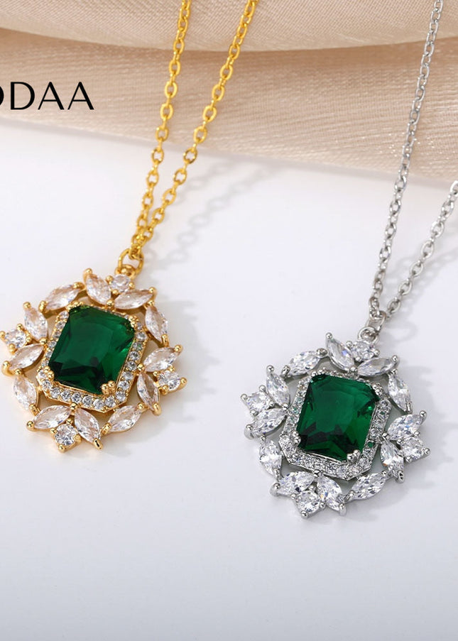 Rhinestone Pendant Necklace | Gold Pink Stone Zirconia Luxury Chain - Green / Gold - Necklaces
