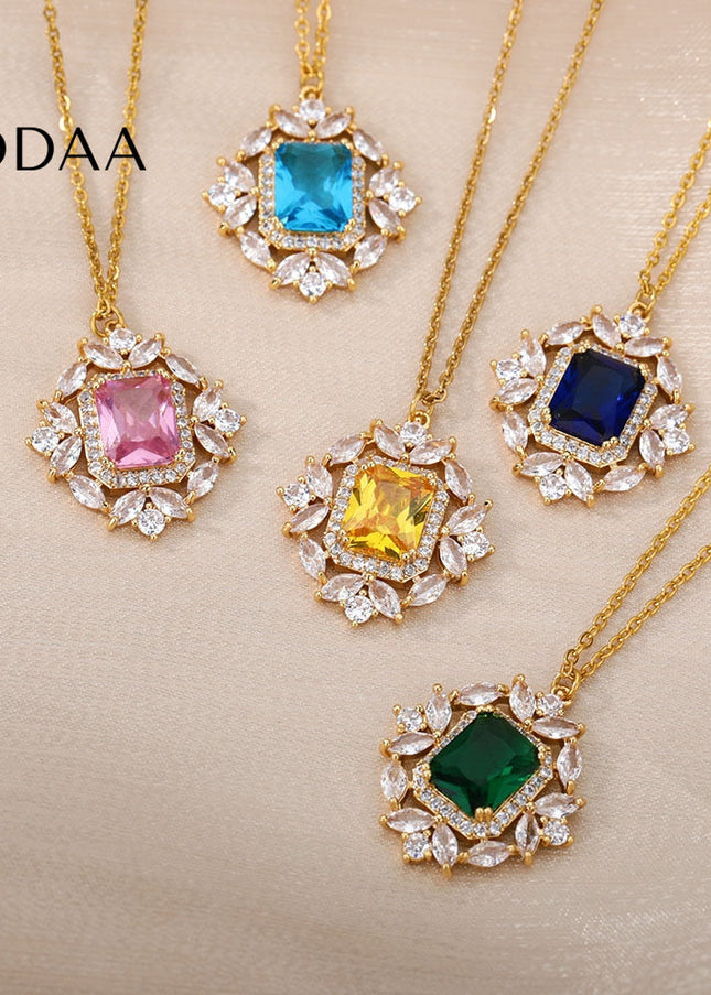 Rhinestone Pendant Necklace | Gold Pink Stone Zirconia Luxury Chain - Necklaces