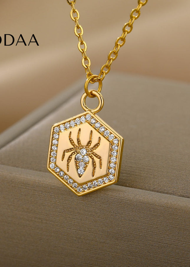 Riche Pendant Necklace | Gold Zirconia Spider Animal Chain - Necklaces