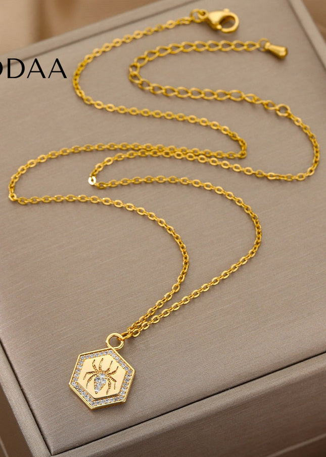 Riche Pendant Necklace | Gold Zirconia Spider Animal Chain - Necklaces