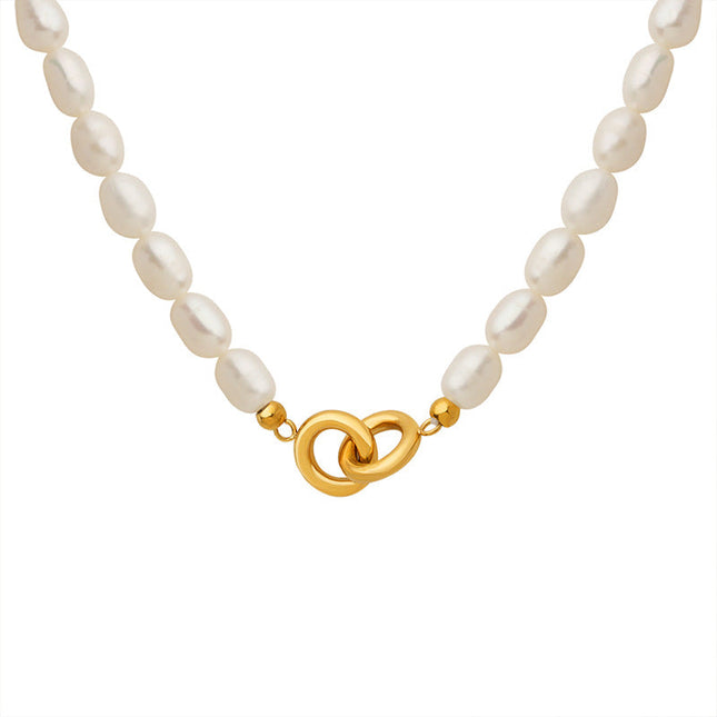 French non-fading niche light luxury double-ring buckle freshwater pearl versatile titanium steel gold-plated necklace non-fading jewelry women