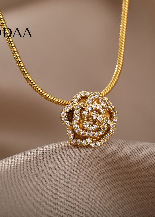 Rose Pendant Necklace | Gold Rose Zirconia Cute Chain - Gold - Necklaces