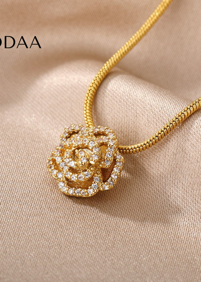 Rose Pendant Necklace | Gold Rose Zirconia Cute Chain - Gold - Necklaces