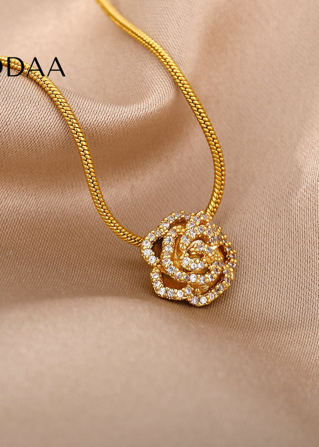 Rose Pendant Necklace | Gold Rose Zirconia Cute Chain - Gold - Necklaces