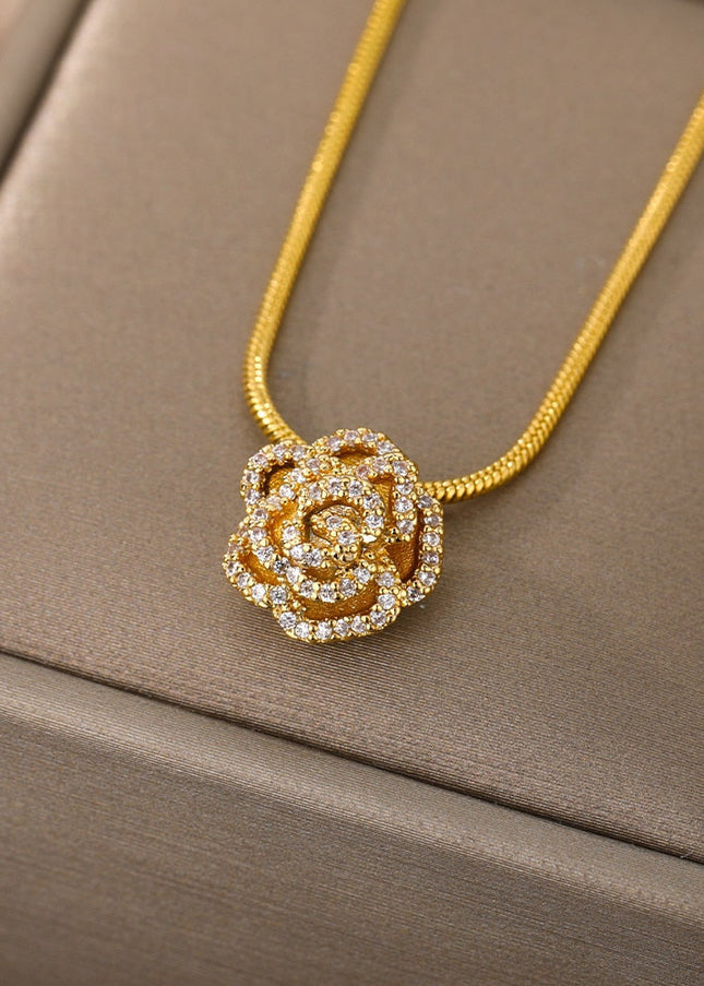 Rose Pendant Necklace | Gold Rose Zirconia Cute Chain - Gold - Necklaces