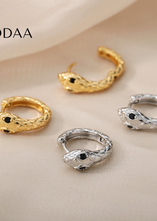 Rouge Earrings | Gold Silver Green Eyes Snake Animal Hoop Earrings - Black / Gold - Earrings
