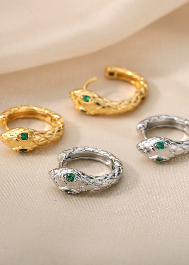 Rouge Earrings | Gold Silver Green Eyes Snake Animal Hoop Earrings - Green / Gold - Earrings