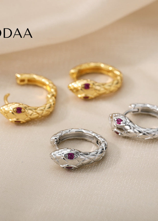 Rouge Earrings | Gold Silver Green Eyes Snake Animal Hoop Earrings - Red / Silver - Earrings