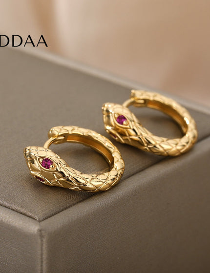 Rouge Earrings | Gold Silver Green Eyes Snake Animal Hoop Earrings - Red / Gold - Earrings