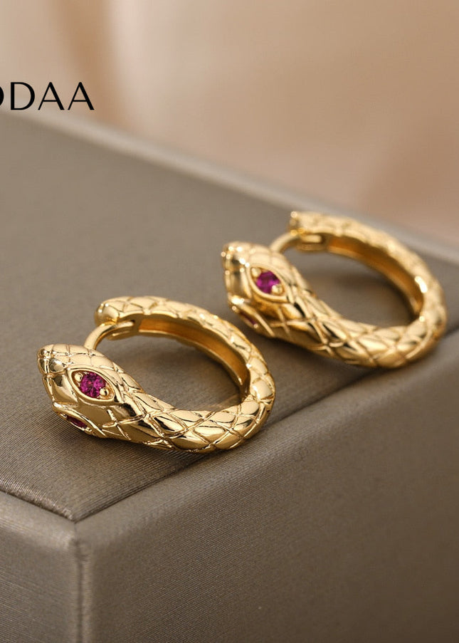 Rouge Earrings | Gold Silver Green Eyes Snake Animal Hoop Earrings - Red / Gold - Earrings