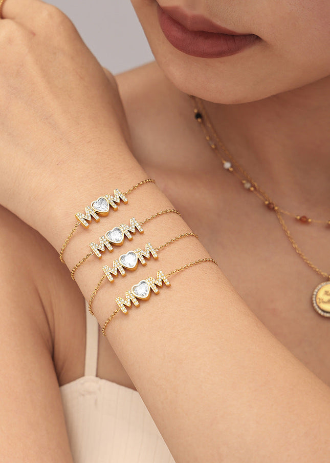 Mystery love heart inlaid zircon letter MAM bracelet titanium steel plated 18K real gold non-fading temperament simple new hand ornament