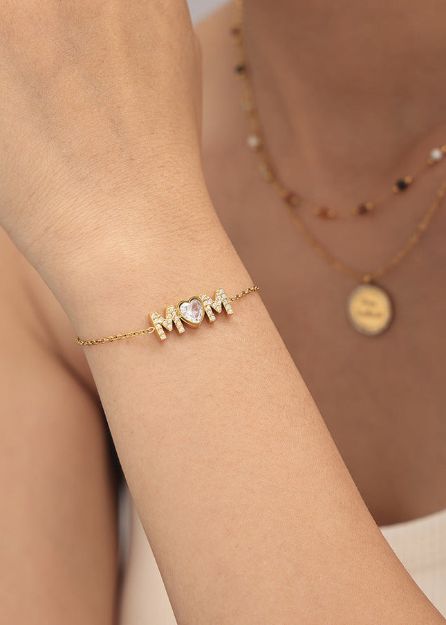 Mystery love heart inlaid zircon letter MAM bracelet titanium steel plated 18K real gold non-fading temperament simple new hand ornament