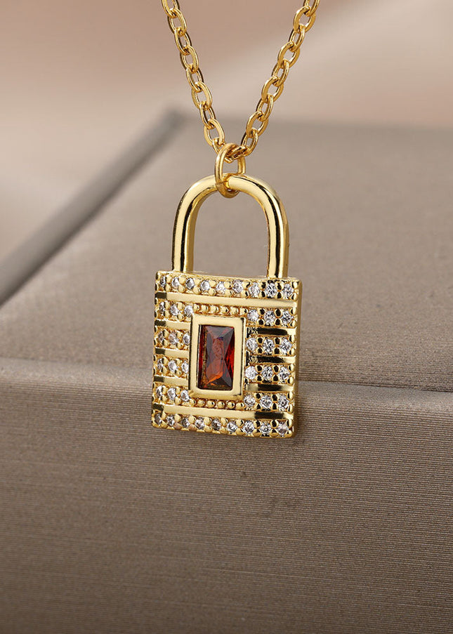 SOUVOIR Gold 14K Gold Plated, Zirconia Necklaces Safe Pendant Necklace | Gold Zirconia Red Stone Lock Chain