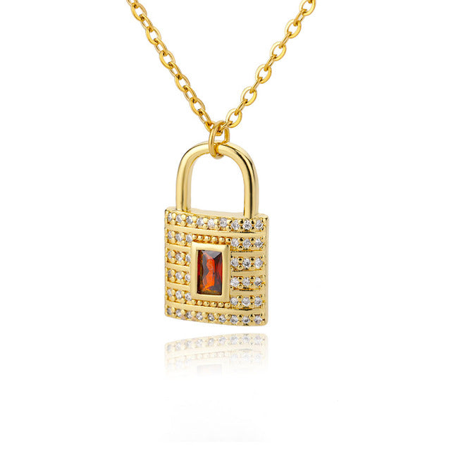 SOUVOIR 14K Gold Plated, Zirconia Necklaces Safe Pendant Necklace | Gold Zirconia Red Stone Lock Chain