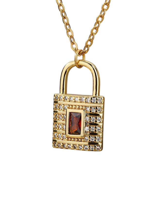 Safe Pendant Necklace | Gold Zirconia Red Stone Lock Chain