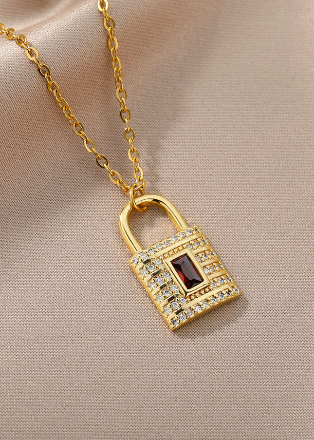 SOUVOIR 14K Gold Plated, Zirconia Necklaces Safe Pendant Necklace | Gold Zirconia Red Stone Lock Chain