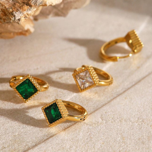 Jieding European and American stainless steel emerald square earrings, high-end retro light luxury earrings, French small incense jewelry