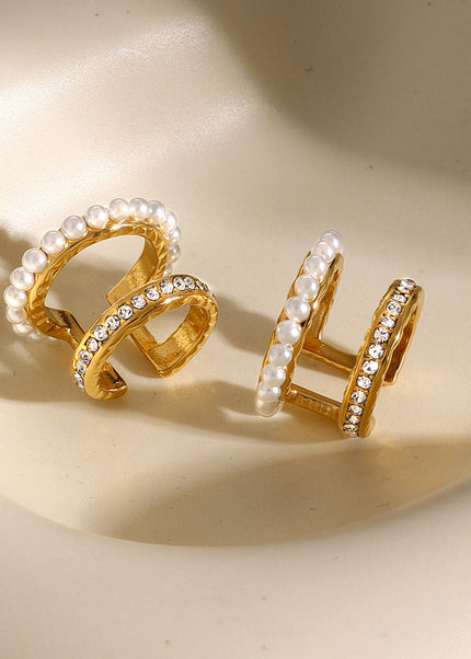 Simple double pearl gold plated ear clips, personality and fashion earrings, cross-border niche high-end design C-shaped earrings