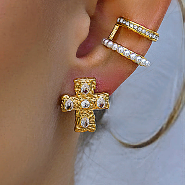 Simple double pearl gold plated ear clips, personality and fashion earrings, cross-border niche high-end design C-shaped earrings