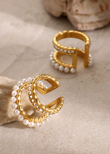 Simple double pearl gold plated ear clips, personality and fashion earrings, cross-border niche high-end design C-shaped earrings