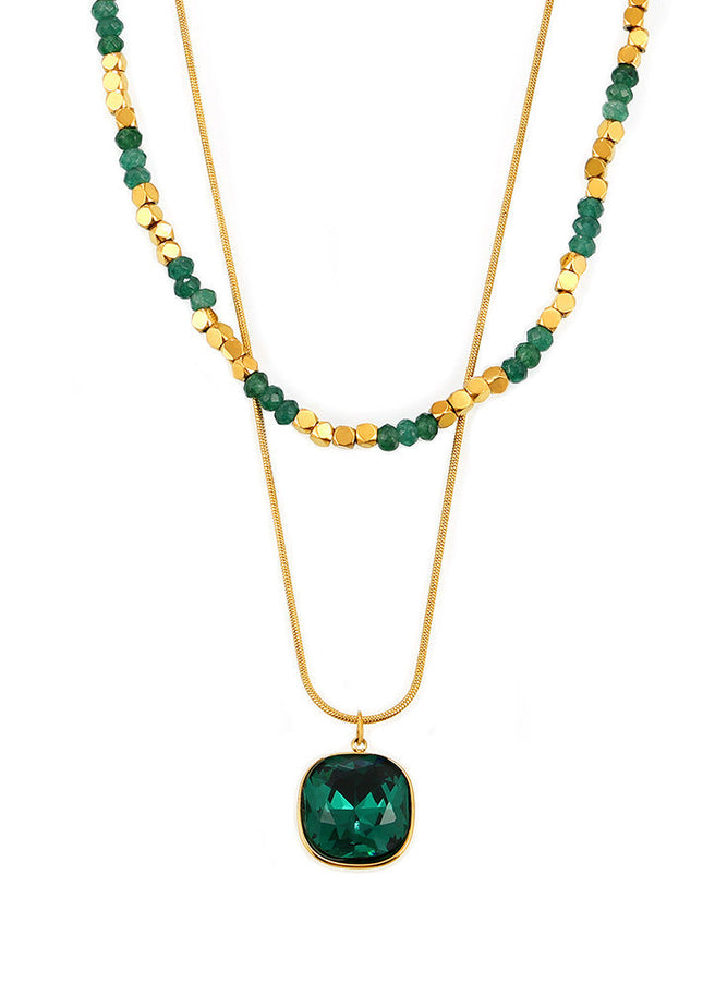 Hot Selling New Natural Stone Beaded Crystal Stone Pendant Double Layer Necklace Stainless Steel Versatile Clavicle Chain Necklace Wholesale