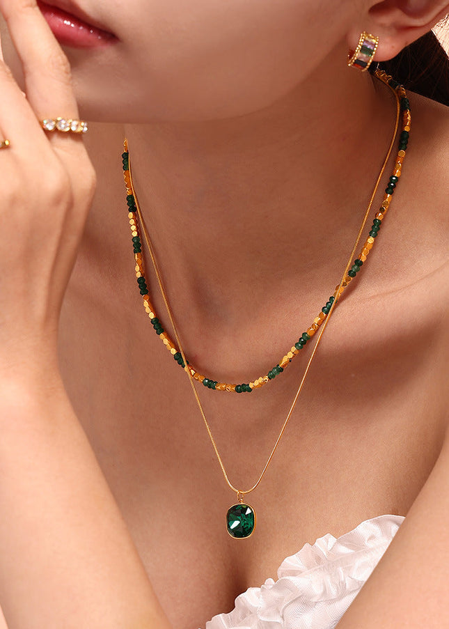 Hot Selling New Natural Stone Beaded Crystal Stone Pendant Double Layer Necklace Stainless Steel Versatile Clavicle Chain Necklace Wholesale