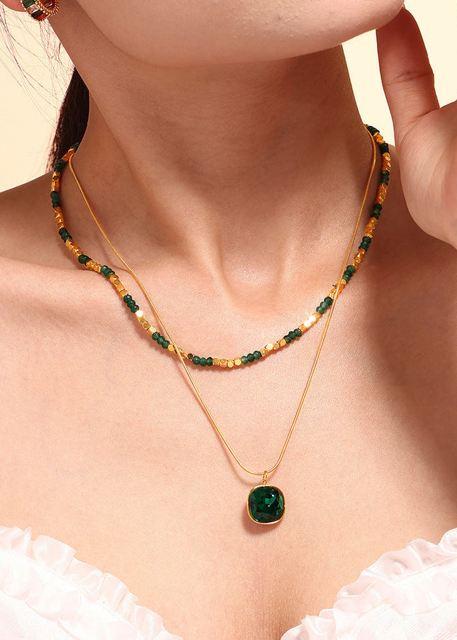 Hot Selling New Natural Stone Beaded Crystal Stone Pendant Double Layer Necklace Stainless Steel Versatile Clavicle Chain Necklace Wholesale
