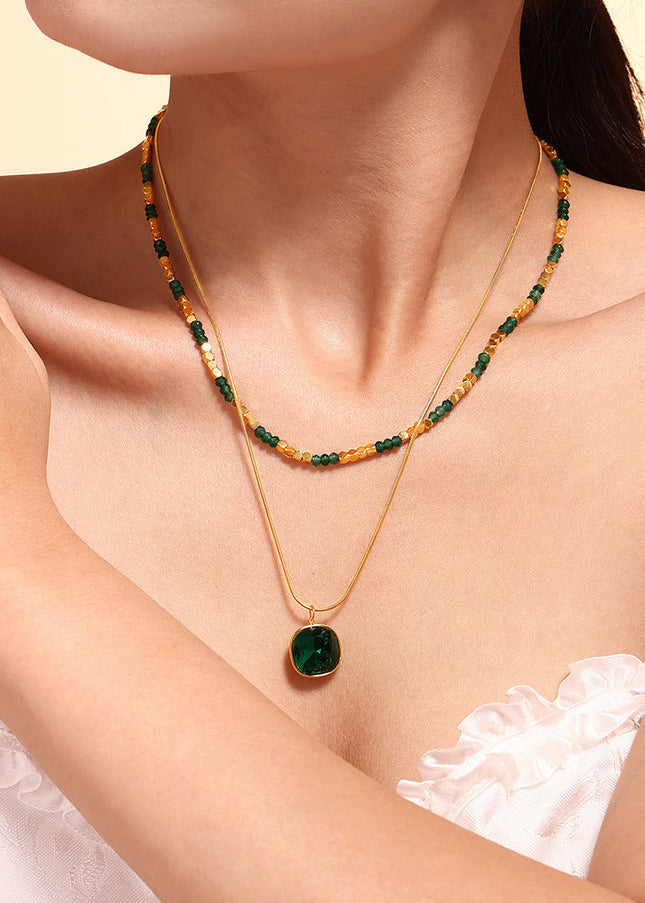 Hot Selling New Natural Stone Beaded Crystal Stone Pendant Double Layer Necklace Stainless Steel Versatile Clavicle Chain Necklace Wholesale