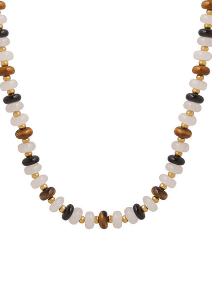 Simple personality natural white jade tiger's eye handmade beaded black agate material niche design women's necklace jewelry