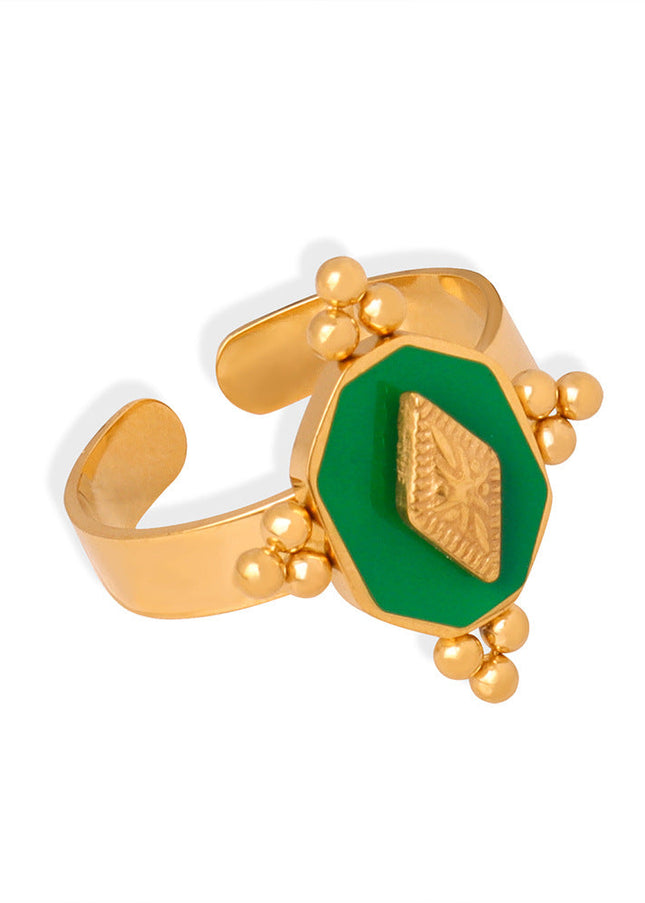 French new retro light luxury personality palace style titanium steel gold-plated geometric enamel dripping oil opening ring jewelry women