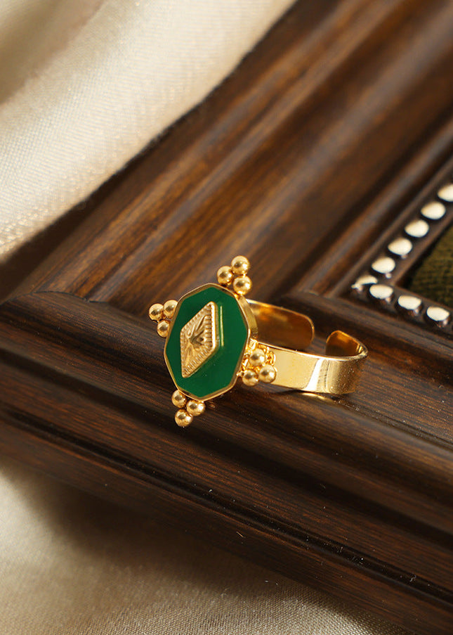 French new retro light luxury personality palace style titanium steel gold-plated geometric enamel dripping oil opening ring jewelry women