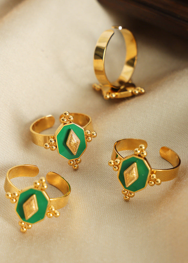 French new retro light luxury personality palace style titanium steel gold-plated geometric enamel dripping oil opening ring jewelry women