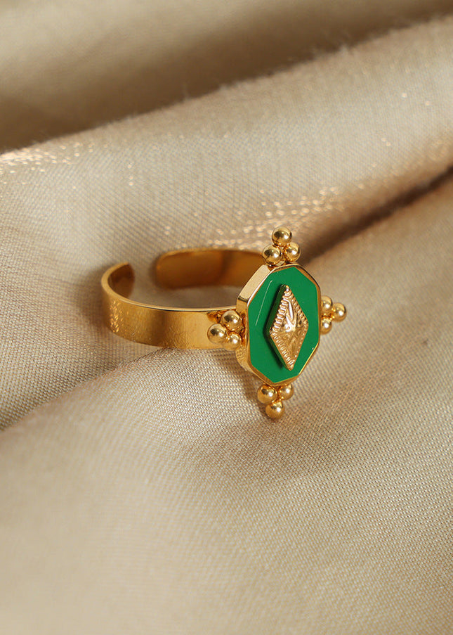 French new retro light luxury personality palace style titanium steel gold-plated geometric enamel dripping oil opening ring jewelry women