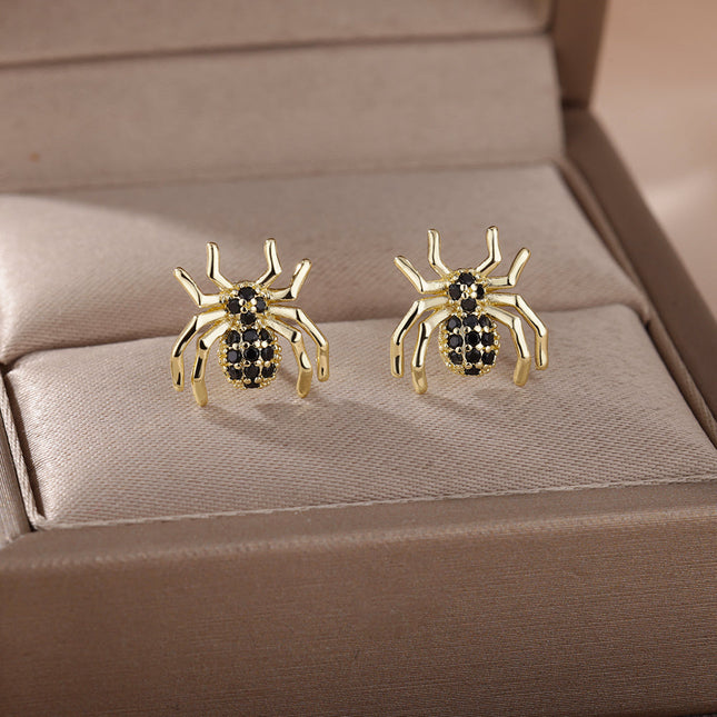 SOUVOIR Gold 14K Gold Plated, Zirconia Earrings Scarlett Earrings | Gold Black Zirconia Spider Stud Earrings