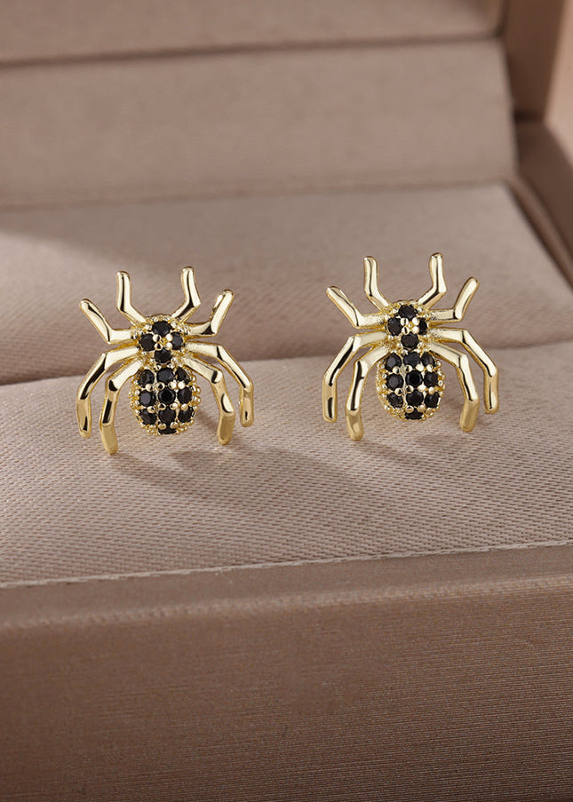 SOUVOIR Gold 14K Gold Plated, Zirconia Earrings Scarlett Earrings | Gold Black Zirconia Spider Stud Earrings