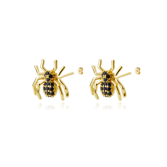 SOUVOIR 14K Gold Plated, Zirconia Earrings Scarlett Earrings | Gold Black Zirconia Spider Stud Earrings