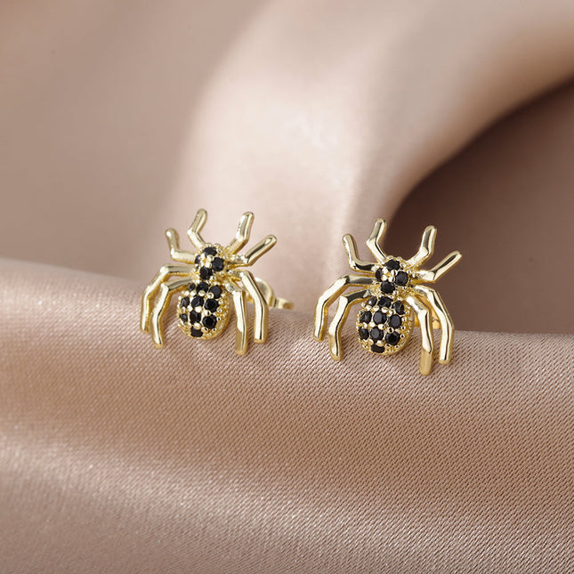 SOUVOIR 14K Gold Plated, Zirconia Earrings Scarlett Earrings | Gold Black Zirconia Spider Stud Earrings