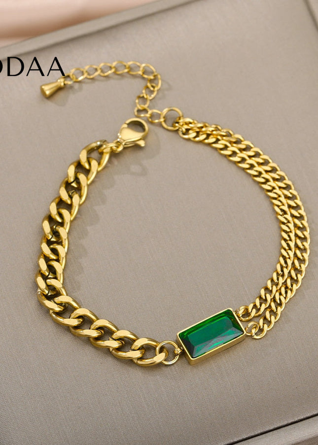 Seconde Bracelet | Gold Zirconia Green Stone Chain Link Bracelet - Gold - Bracelets