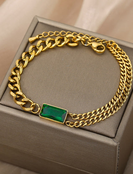 Seconde Bracelet | Gold Zirconia Green Stone Chain Link Bracelet - Gold - Bracelets