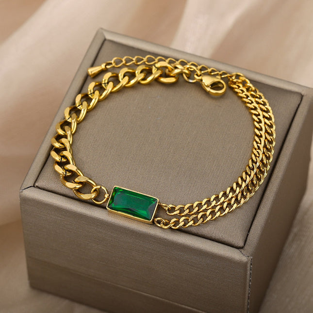 Seconde Bracelet | Gold Zirconia Green Stone Chain Link Bracelet - Gold - Bracelets