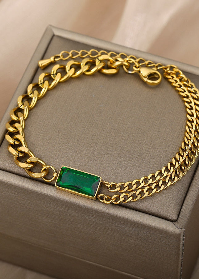 Seconde Bracelet | Gold Zirconia Green Stone Chain Link Bracelet - Gold - Bracelets